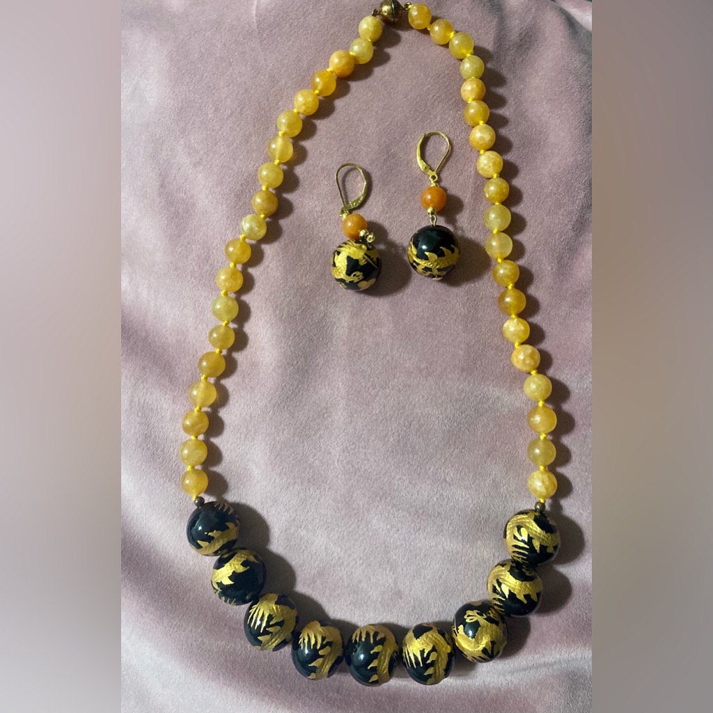 Murano Blown Glass, Amber And Gold Leaf 24k Necklace And Earring Set